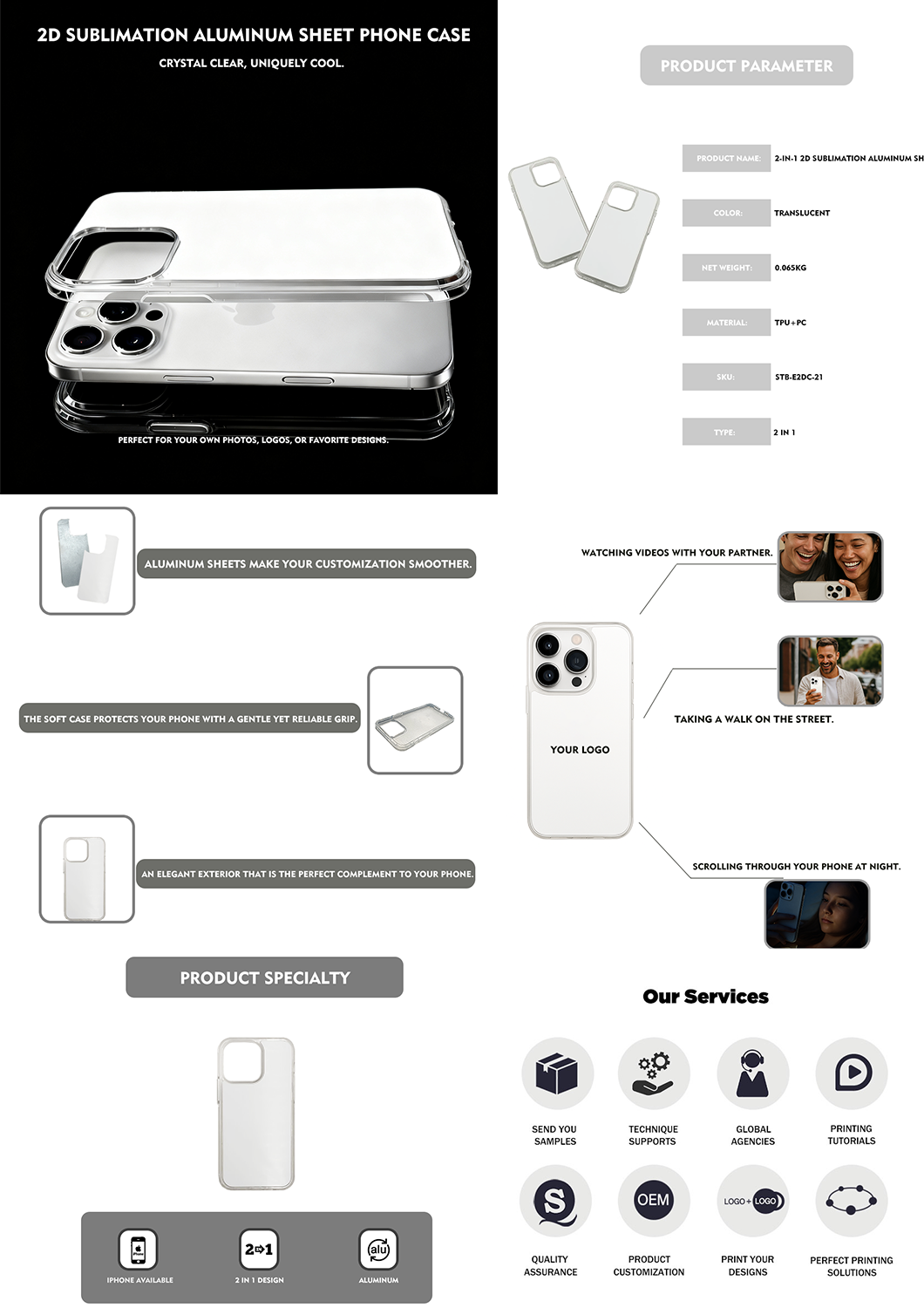 2in1 Sublimation Phone Case with 4"Aluminum Sheet,Transparent TPU+PC Cover for Heat Press,DIY Custom Design for Various Models