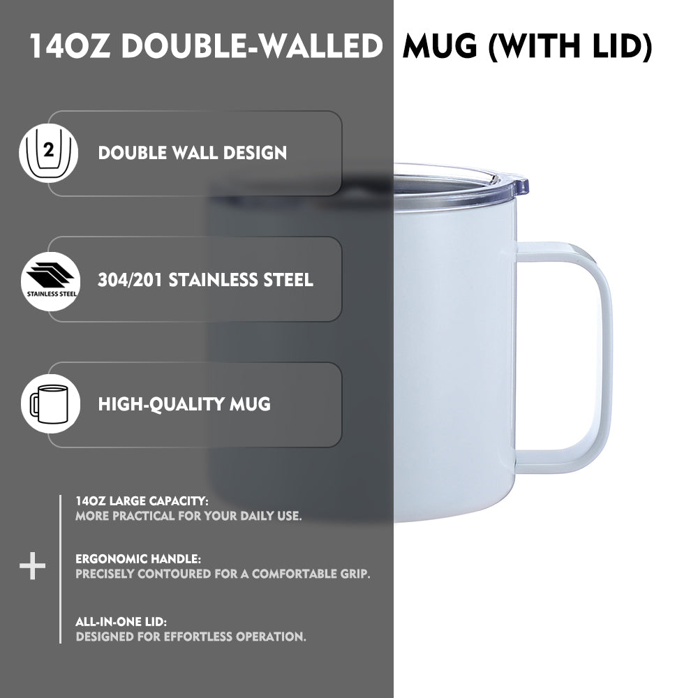 14oz Sublimation Travel Mug, 304/201 Stainless Steel, White Customizable Tumbler, 4in Height, Vacuum Insulated, Gift Box