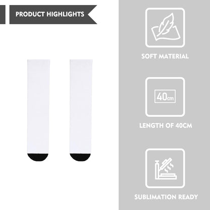 Customizable Adult Sports Socks 40cm Length, Sublimation Ready Black Toe & Heel, Terry Loop Sole for Running & Training