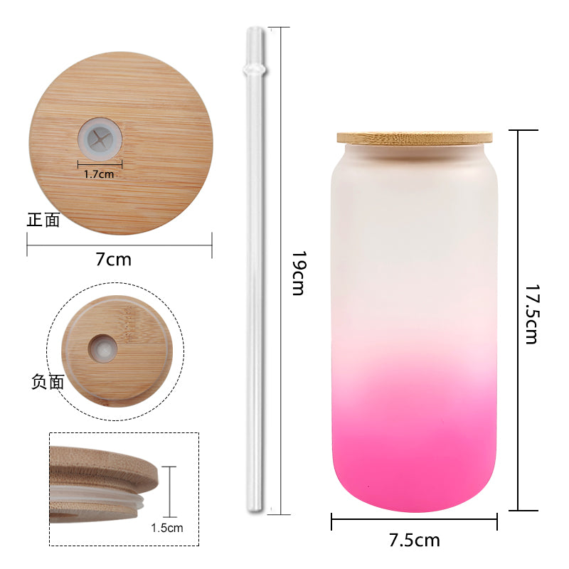 6 Pack Sublimation Gradient Glass Cans with Bamboo Lids & Straws - Frosted 16oz Blanks Beer Cans for Iced Coffee, Juice & Soda