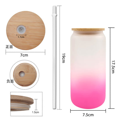 6 Pack Sublimation Gradient Glass Cans with Bamboo Lids & Straws - Frosted 16oz Blanks Beer Cans for Iced Coffee, Juice & Soda