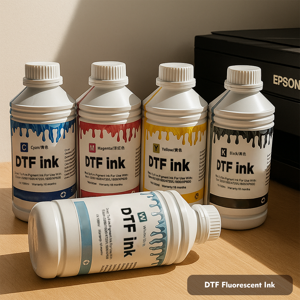 DTF Printer Ink CMYK+White Set 1000ml/Bottle, 5 Colors for Direct to Film Printing, High Color Gamut Ink for Textile Transfer