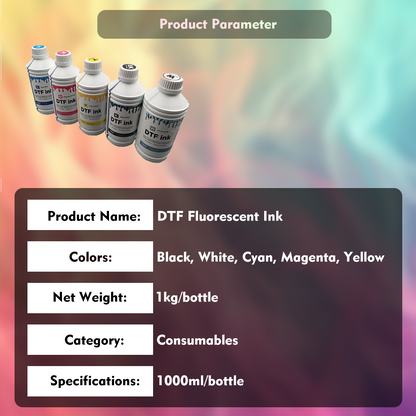 DTF Printer Ink CMYK+White Set 1000ml/Bottle, 5 Colors for Direct to Film Printing, High Color Gamut Ink for Textile Transfer