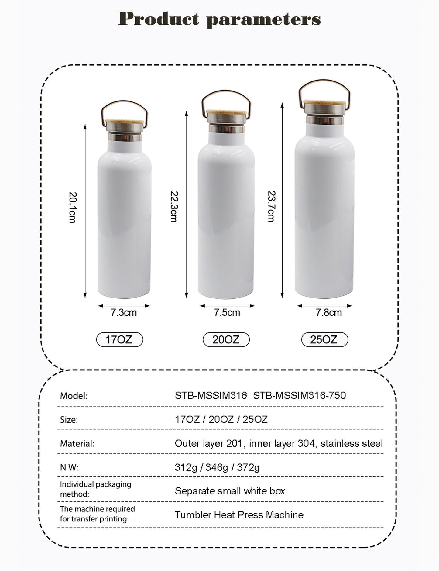 4 Pack Sublimation Insulated Water Bottle 17oz, Double Wall Stainless Steel with Bamboo Lid & Leakproof Design, Customizable Gift