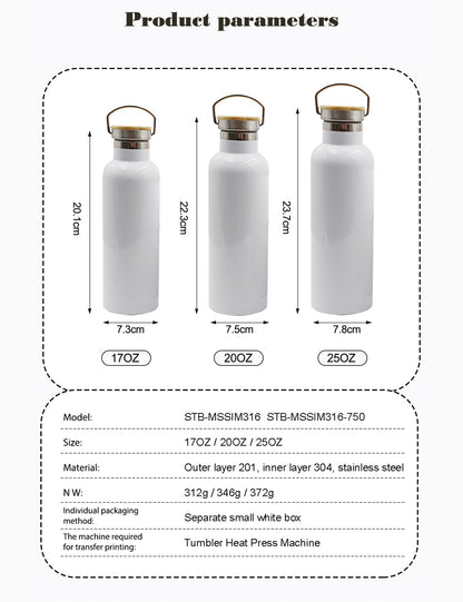 4 Pack Sublimation Insulated Water Bottle 17oz, Double Wall Stainless Steel with Bamboo Lid & Leakproof Design, Customizable Gift