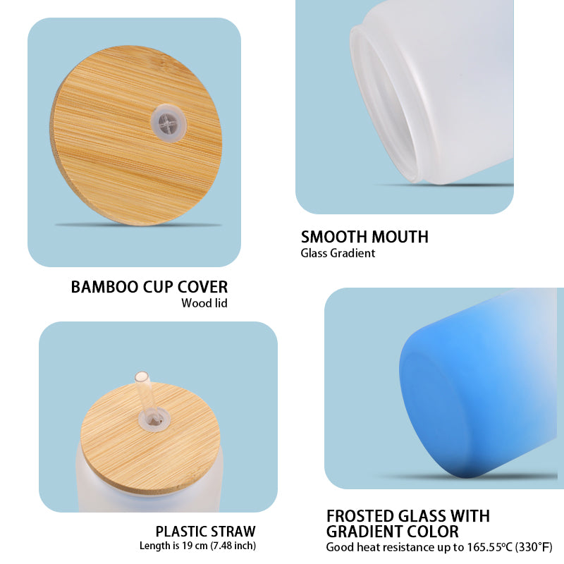 6 Pack Sublimation Gradient Glass Cans with Bamboo Lids & Straws - Frosted 16oz Blanks Beer Cans for Iced Coffee, Juice & Soda