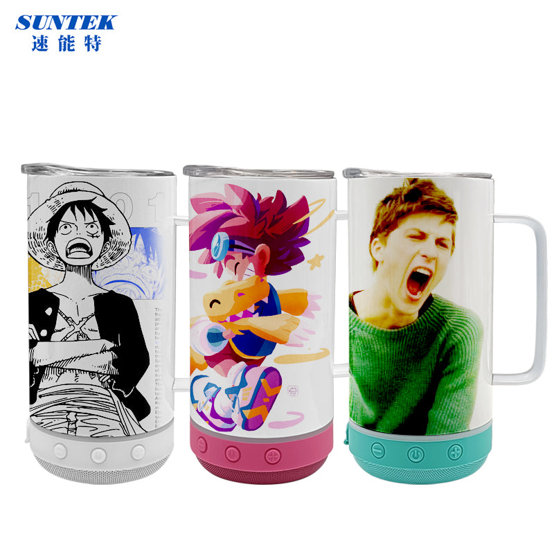 14oz Sublimation USB Bluetooth Speaker Handled Tumbler With Led Flashinglight, Stainless Steel Double Wall Insulation, With Lid & Straw