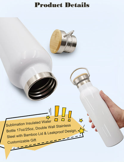 4 Pack Sublimation Insulated Water Bottle 17oz, Double Wall Stainless Steel with Bamboo Lid & Leakproof Design, Customizable Gift