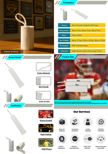 White Heat Transfer Captain Armband 11-15.7in, Blank Velcro Cuff for Sublimation Printing, High-Density Nylon Logo Band
