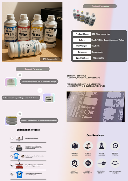 DTF Printer Ink CMYK+White Set 1000ml/Bottle, 5 Colors for Direct to Film Printing, High Color Gamut Ink for Textile Transfer