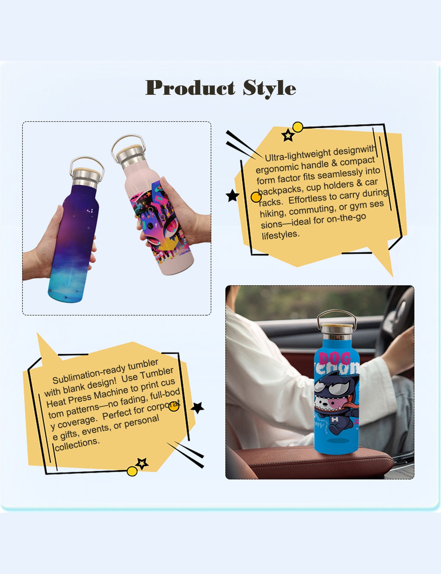 4 Pack Sublimation Insulated Water Bottle 17oz, Double Wall Stainless Steel with Bamboo Lid & Leakproof Design, Customizable Gift