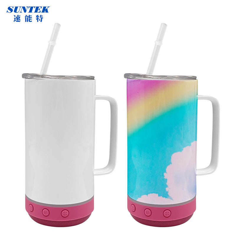 14oz Sublimation USB Bluetooth Speaker Handled Tumbler With Led Flashinglight, Stainless Steel Double Wall Insulation, With Lid & Straw
