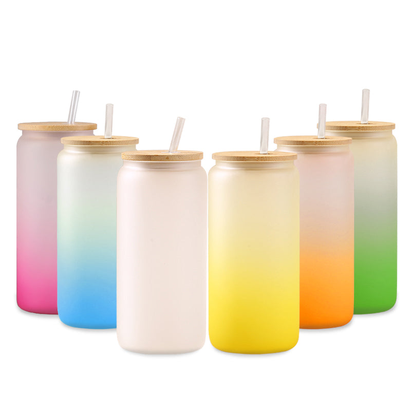 6 Pack Sublimation Gradient Glass Cans with Bamboo Lids & Straws - Frosted 16oz Blanks Beer Cans for Iced Coffee, Juice & Soda