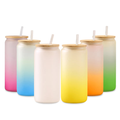6 Pack Sublimation Gradient Glass Cans with Bamboo Lids & Straws - Frosted 16oz Blanks Beer Cans for Iced Coffee, Juice & Soda