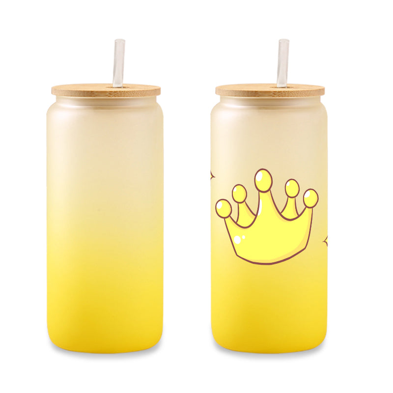 6 Pack Sublimation Gradient Glass Cans with Bamboo Lids & Straws - Frosted 16oz Blanks Beer Cans for Iced Coffee, Juice & Soda