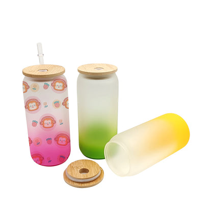 6 Pack Sublimation Gradient Glass Cans with Bamboo Lids & Straws - Frosted 16oz Blanks Beer Cans for Iced Coffee, Juice & Soda