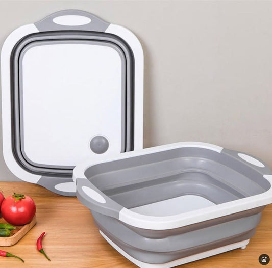 Multifunctional foldable cutting board, sink, and draining basket