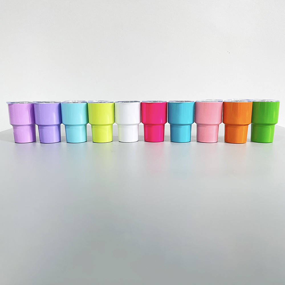 3oz Mixed Colors Blank Sublimation Stainless Steel Short Glass Mini Tumbler with Metal Straw and Shrink Film