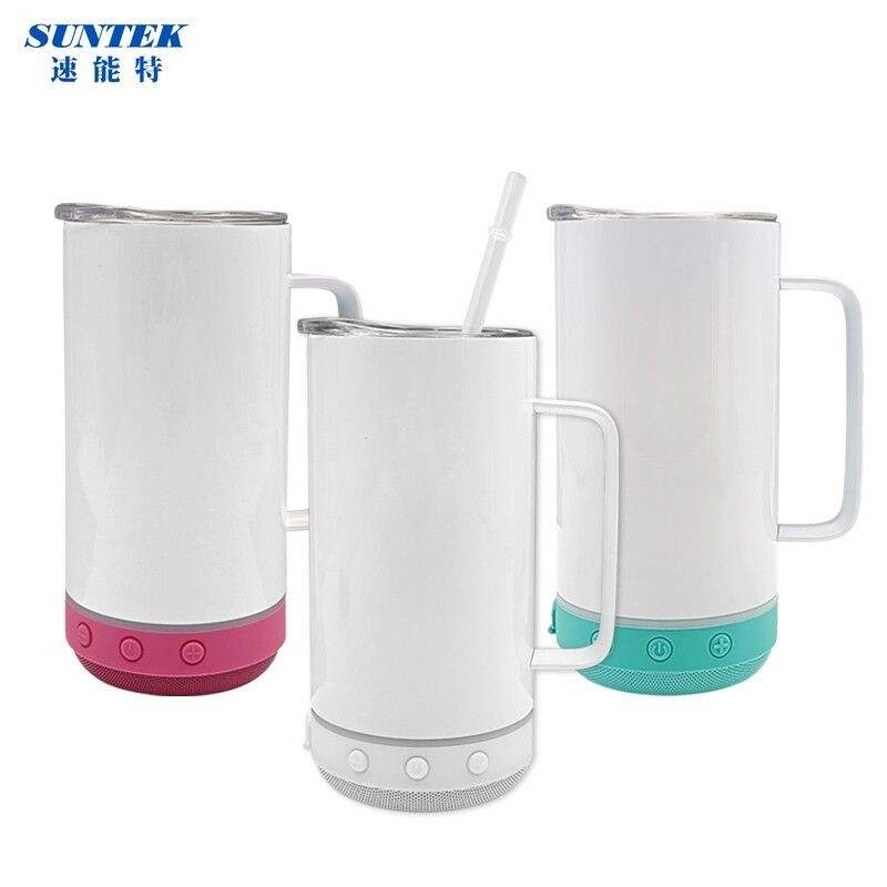 14oz Sublimation USB Bluetooth Speaker Handled Tumbler With Led Flashinglight, Stainless Steel Double Wall Insulation, With Lid & Straw
