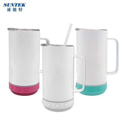 14oz Sublimation USB Bluetooth Speaker Handled Tumbler With Led Flashinglight, Stainless Steel Double Wall Insulation, With Lid & Straw
