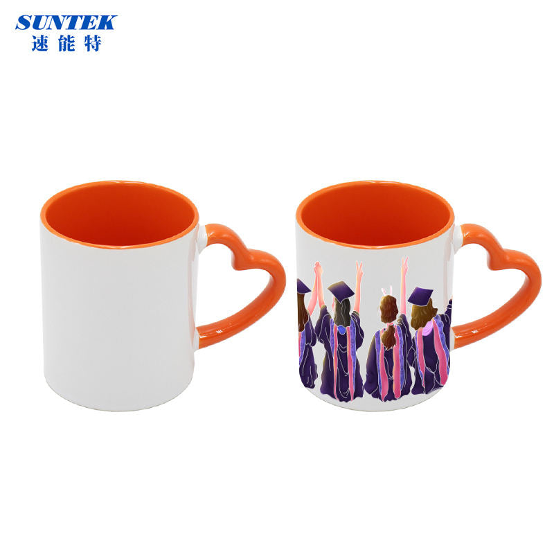 Top selling porcelain sublimation blank heart handle & inner color mugs for sale