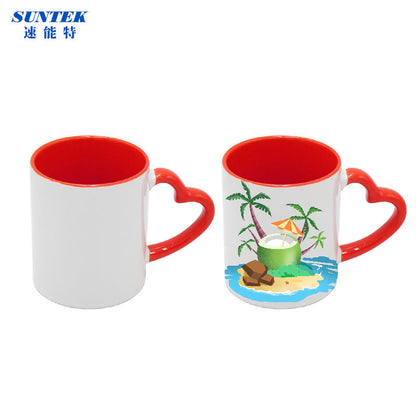Top Selling Porcelain Sublimation Blank Heart Handle & Inner Color Mugs for Sale