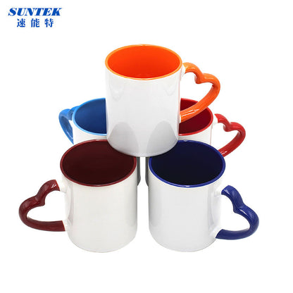 Top selling porcelain sublimation blank heart handle & inner color mugs for sale
