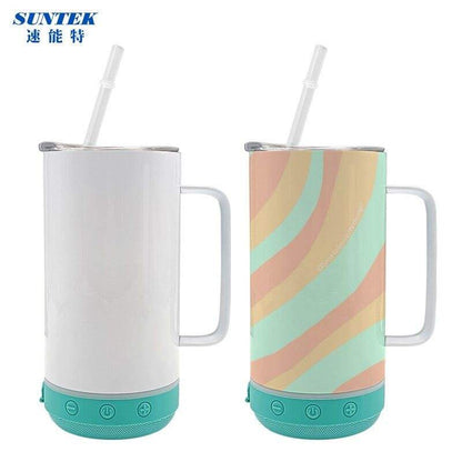 14oz Sublimation USB Bluetooth Speaker Handled Tumbler With Led Flashinglight, Stainless Steel Double Wall Insulation, With Lid & Straw