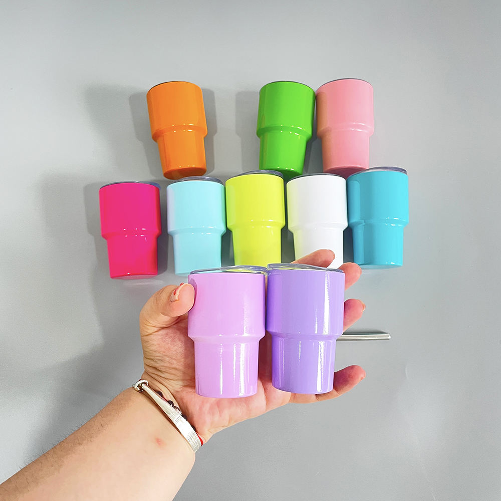 3oz Mixed Colors Blank Sublimation Stainless Steel Short Glass Mini Tumbler with Metal Straw and Shrink Film