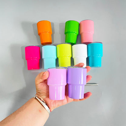 3oz Mixed Colors Blank Sublimation Stainless Steel Short Glass Mini Tumbler with Metal Straw and Shrink Film
