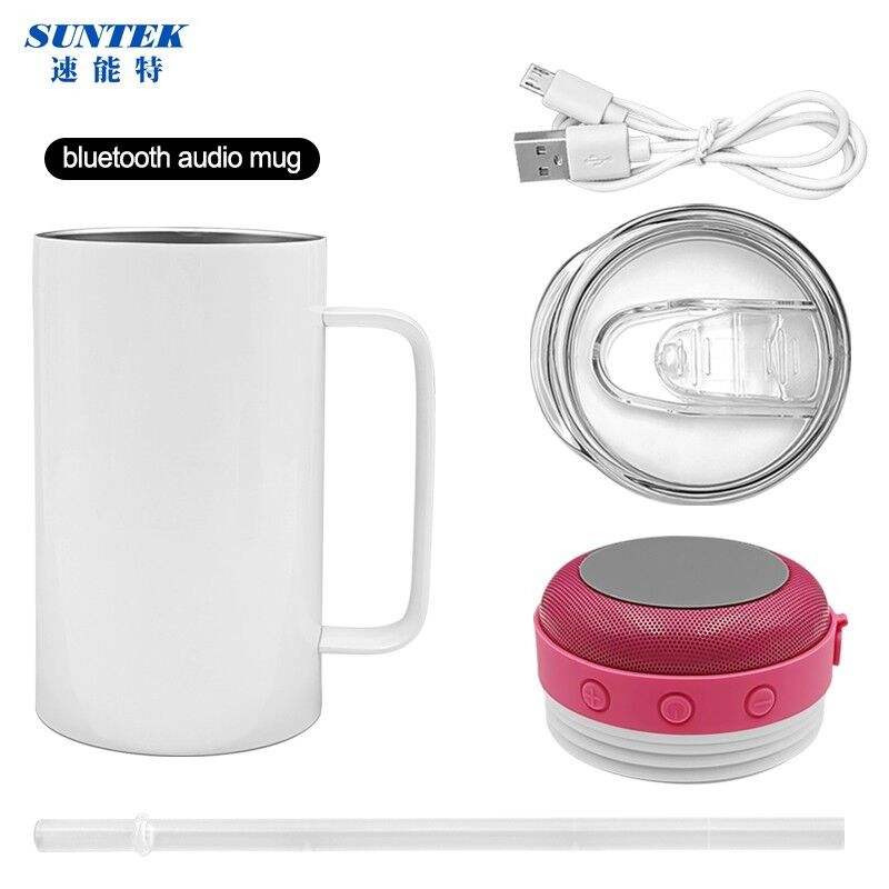14oz Sublimation USB Bluetooth Speaker Handled Tumbler With Led Flashinglight, Stainless Steel Double Wall Insulation, With Lid & Straw