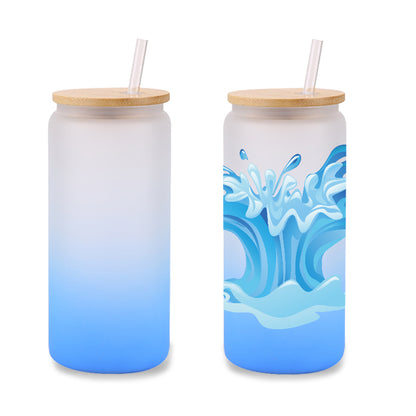 6 Pack Sublimation Gradient Glass Cans with Bamboo Lids & Straws - Frosted 16oz Blanks Beer Cans for Iced Coffee, Juice & Soda
