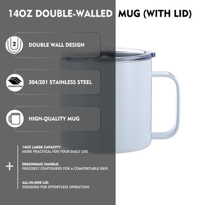 14oz Sublimation Travel Mug, 304/201 Stainless Steel, White Customizable Tumbler, 4in Height, Vacuum Insulated, Gift Box