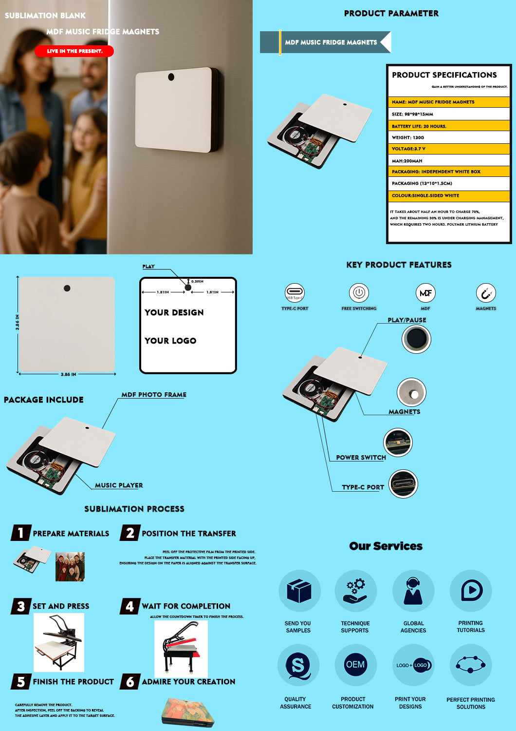 4x4x0.6in Sublimation Music Fridge Magnet, MDF Blank for Custom Printing, 20-Hour Playtime, Polymer Battery, White Single-Side