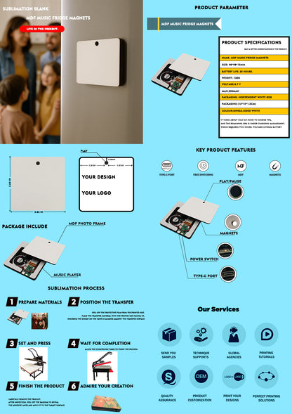 4x4x0.6in Sublimation Music Fridge Magnet, MDF Blank for Custom Printing, 20-Hour Playtime, Polymer Battery, White Single-Side