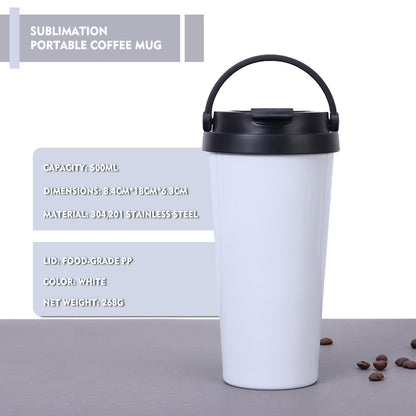 500ml Coffee Tumbler White Sublimation Blanks, Double Wall Vacuum Stainless Steel,Sublimation Ready Personalized Cup with PP Lid