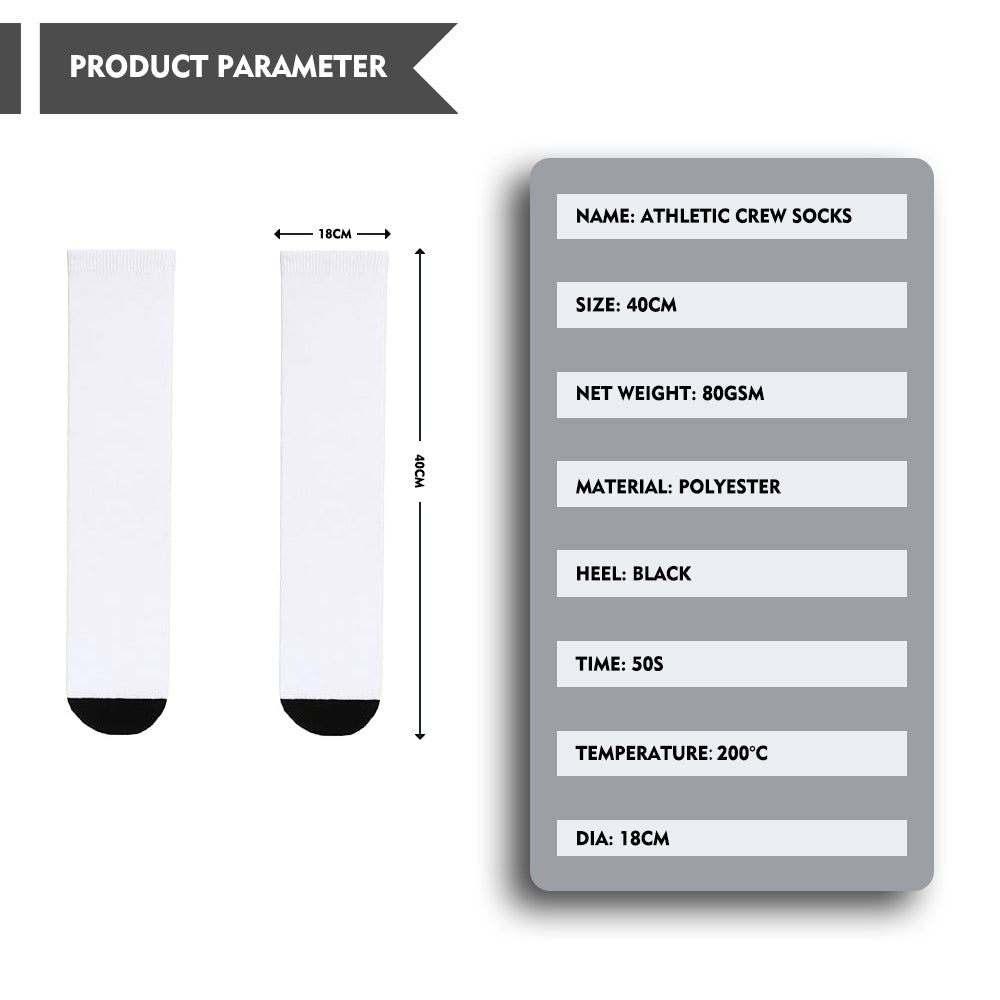 Customizable Adult Sports Socks 40cm Length, Sublimation Ready Black Toe & Heel, Terry Loop Sole for Running & Training