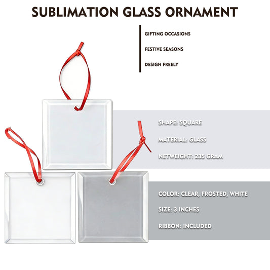 Sublimation Christmas Ornament Blank 3 Inch Square Glass, Clear Frosted White Color, DIY Personalized Decor, 235g with Bag