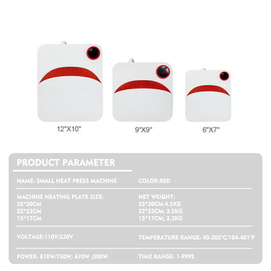 Small Heat Press Machine 3 Sizes: 10x12in 9x9in 6x7in, 500W-810W, 40-205°C, 1-999s,Portable for DIY, Red Color for Sublimation
