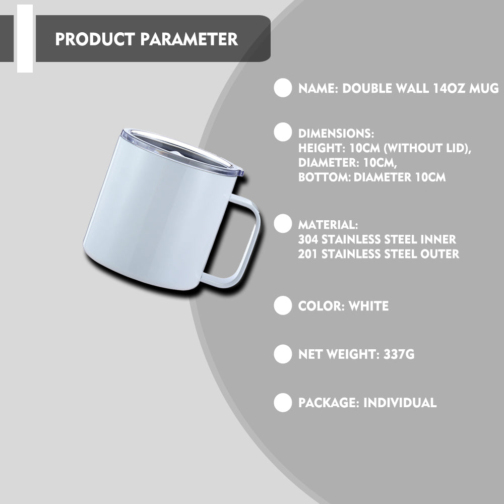 14oz Sublimation Travel Mug, 304/201 Stainless Steel, White Customizable Tumbler, 4in Height, Vacuum Insulated, Gift Box