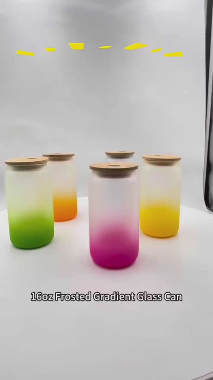 6 Pack Sublimation Gradient Glass Cans with Bamboo Lids & Straws - Frosted 16oz Blanks Beer Cans for Iced Coffee, Juice & Soda